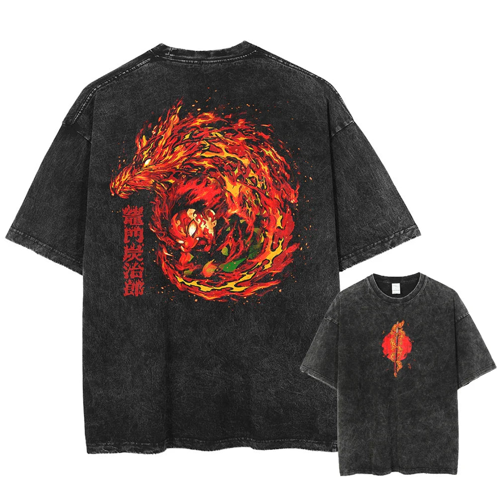 Demon Slayer Tanjiro Flame Breathing Warrior Oversized Vintage T-Shirt